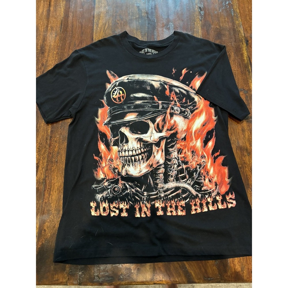 LOST IN THE HILLS- Skull Flame Graphic T-Shirt Black Size L Streetwear Tee